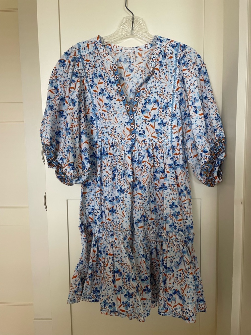Blue and Rust Floral Tiered Puff Sleeve Mini Dress